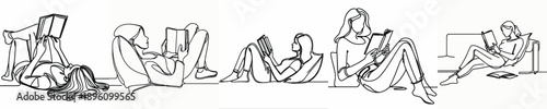 line art of a woman leaning back reading a book
