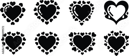 A collection of eight black and white graphic heart designs, featuring large central hearts surrounded by decorative borders of smaller hearts, symbolizing love and romance.