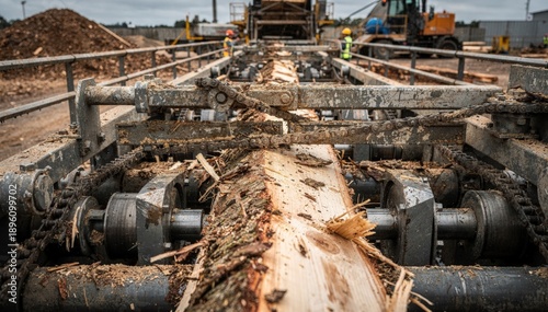 Medium shot focusing on closeup conveyor system conveying freshly debarked logs emphasizing mechanical details and textures in a busy timber chipping yard.