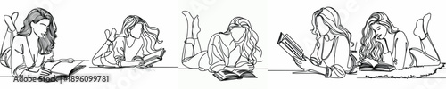 line art of a woman lying on the floor reading a book