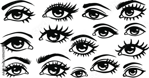 A collection of stylized human eyes with various eyelash and eyebrow designs, rendered in a graphic black and white illustration style.