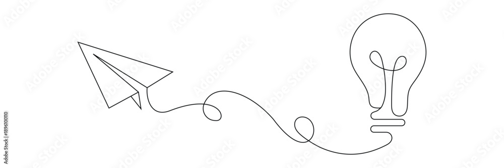 Obraz premium Continuous line drawing of paper plane flying towards light bulb representing creative business ideas. Editable stroke. Doodle hand drawn vector illustration