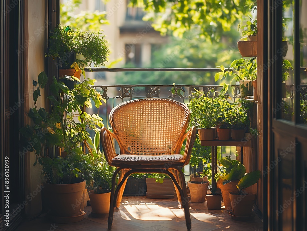 Fototapeta premium Comfortable wicker chair surrounded by greenery on sunlit balcony