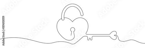 continuous line drawing of a heart shaped padlock and key for love concept. Editable stroke. Doodle hand drawn vector illustration