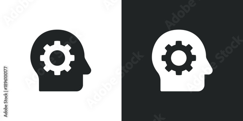 Human head profile with gear cog icon representing mental process logic and engineering thinking. Solid vector symbol illustration