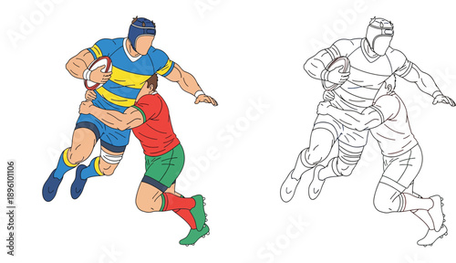 Rugby player running with ball being tackled by opponent vector illustration set. Sports action scene in color and black and white outline sketch for coloring book or logo design.