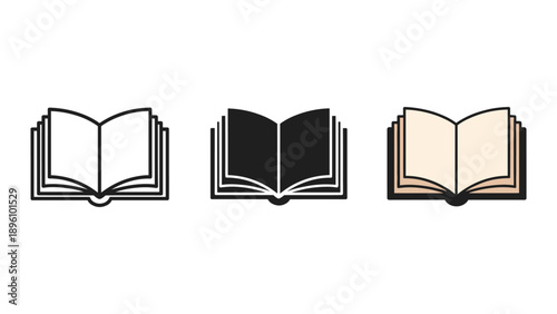 Set of open book icons in different colors and styles