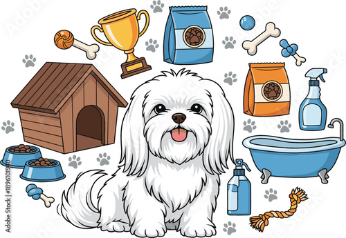 Cute white Maltese dog surrounded by pet care supplies including a doghouse bathtub food bowls toys and a trophy.