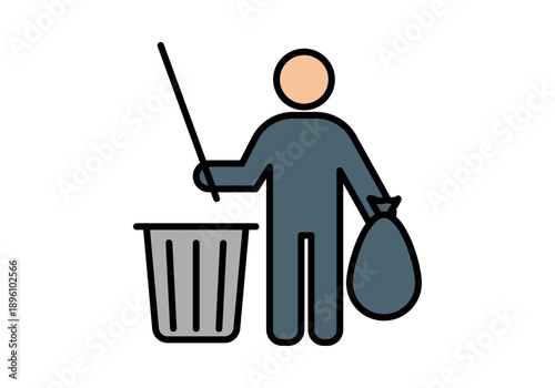 Trabajador de limpieza recogiendo basura con bolsa y contenedor en estilo lineal de color