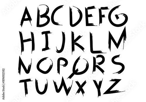 Alfabeto completo con letras de estilo caligráfico realizadas con trazos de pincel negro 