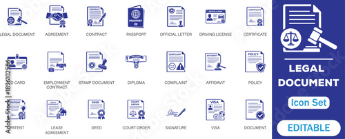 Legal document icon set. featuring contract, agreement, passport, ID card, certificate, license, patent, testament and more. perfect flat icon collection.
