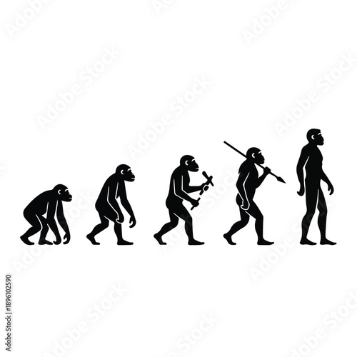 A cartoon illustration shows the evolution of a human from a monkey to a modern man in a sequence of six black silhouettes against a white background.