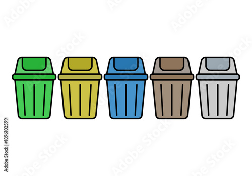 Conjunto de cinco cubos de basura de colores para reciclaje y separación de residuos