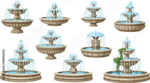 Set of various classical stone garden fountains with splashing water and elegant tiered designs isolated on white background for architectural landscape projects.