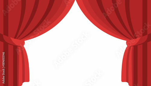 Vibrant red stage curtains gracefully pulled aside, revealing a bright white space, perfect for theatrical backdrops, intros, or dynamic presentations and event announcements