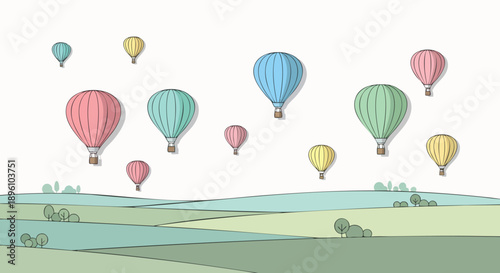A vibrant pastel hot air balloon festival takes flight above rolling green hills and lush countryside under a clear, bright sky, evoking a sense of adventure and freedom