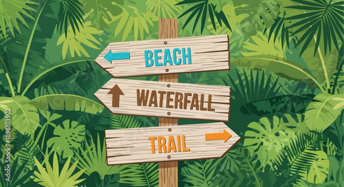 Directional signpost in a lush jungle pointing towards a beach, waterfall, and a nature trail, guiding travelers on an exciting adventure through tropical foliage