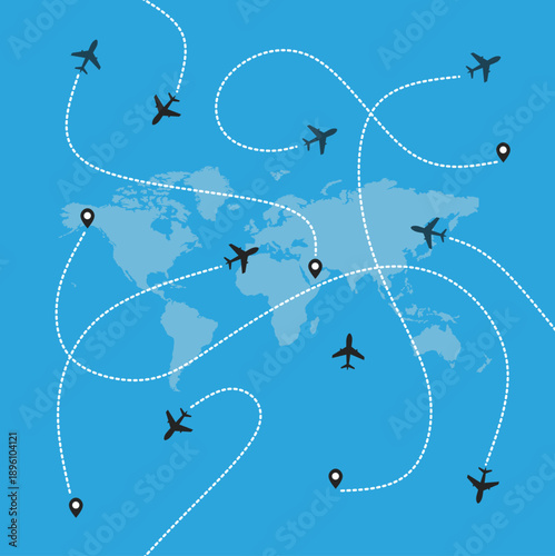 Vector illustration of a world map with black airplane silhouettes and dotted flight paths. Graphic representing global aviation, international travel logistics, and worldwide transport networks.