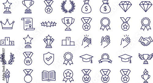 Minimal achievement and award line icon set featuring trophies, medals, rewards, success symbols, winner badges, business and education achievements, outline vector icons for web, app, and UI design