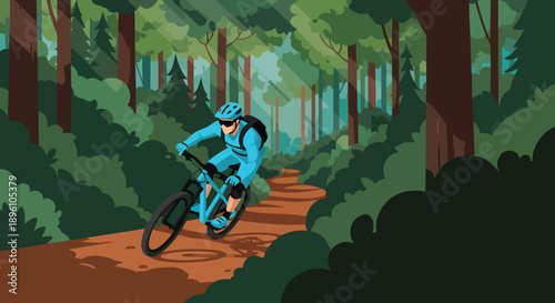Active man in blue sportswear riding a mountain bike on a dirt path through a lush green forest with tall trees and dense foliage, showcasing a thrilling outdoor adventure