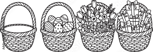 Easter basket doodle illustration black and white line art