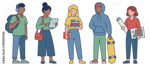 Diverse Group of Young People Standing with Backpacks and Skateboard