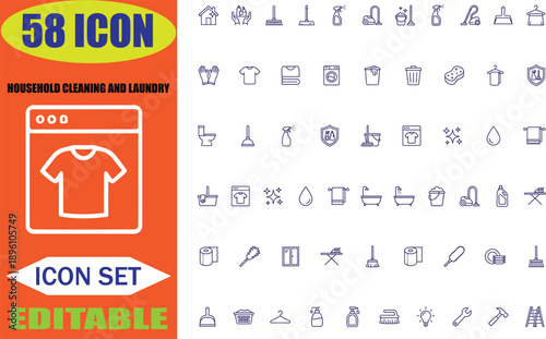 Minimal cleaning and laundry outline icon set showing household hygiene tools, washing symbols, sanitation equipment, home service elements, vector line icons for web, app, and UI design