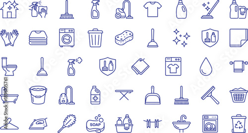 Minimal cleaning and laundry line icon set featuring household hygiene tools, washing symbols, sanitation equipment, home service elements, outline vector icons for web, app, and UI design