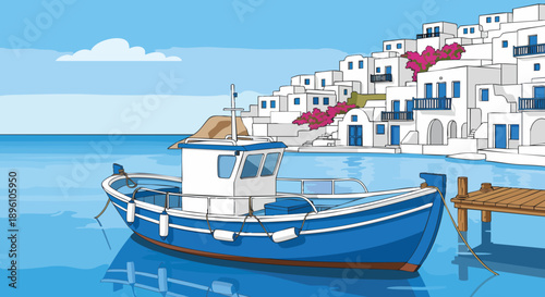 Picturesque Mediterranean Bay Scene with Traditional Blue Fishing Boat Moored Near a White Village, Reflecting Tranquil Summer Vacation Vibe in a Cartoon Illustration