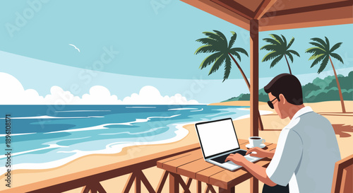 A man working on his laptop at a beach cafe with a cup of coffee, enjoying the tropical scenery and ocean view under a clear blue sky with palm trees