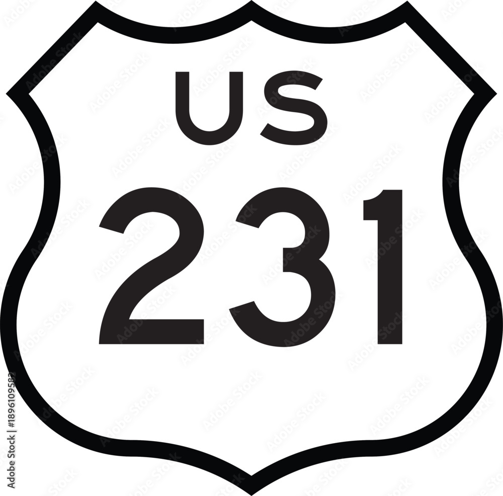 US Route 231 Highway Cutout Road Shield Badge Number System Design Emblem Vector