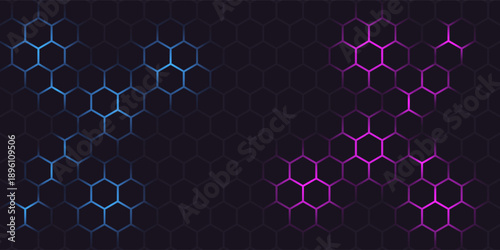 Abstract hexagon pattern background - futuristic sci fi honeycomb grid, glowing blue neon lines on dark. Geometric vector graphic design for digital interfaces, HUD displays and gaming backdrops.