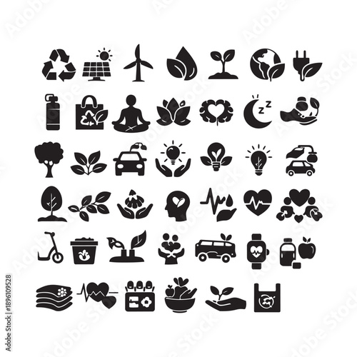Eco-Friendly and Sustainability Icons: Green Energy, Nature, and Recycling