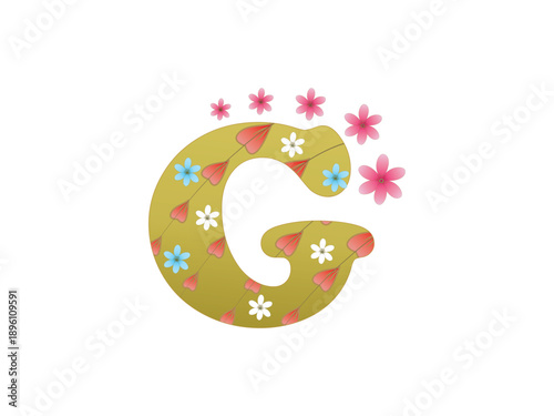 Golden letter G decorated with colorful floral elements, including pink, blue, and white blossoms arranged in a charming botanical style. Cute and elegant floral typography on a transparent background
