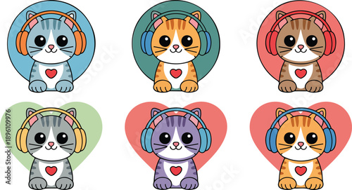 Cute Kawaii Cat Vector Set  Adorable Cats Wearing Headphones Listening to Music