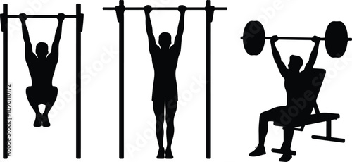 Gym Workout Silhouette Vector Set  Pull Ups, Hanging Exercises and Bench Press