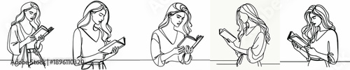line art half body of a woman standing reading a book