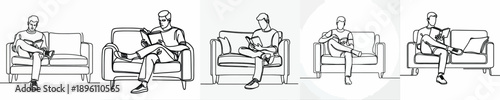 line art of a man sitting on sofa reading a book