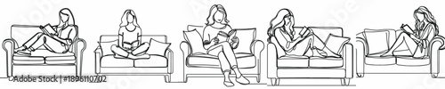 line art of a woman sitting on sofa reading a book