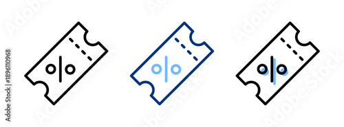 Percent coupon icon set. Sale black blue line icons. Label, percentage sign. E-commerce, closeout, shopping, marketing. Vector flat illustration. Isolated on a white background. Editable stroke.