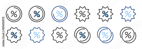 Percent label icon set. Sale black blue line icons. Discount, percentage sign. E-commerce, closeout, shopping, marketing. Vector flat illustration. Isolated on a white background. Editable stroke.