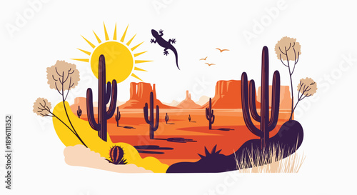 Vibrant desert landscape illustration featuring a bright sun, silhouetted cacti and mesas, a soaring lizard, and sparse vegetation under a warm, arid sky, evoking a sense of adventure