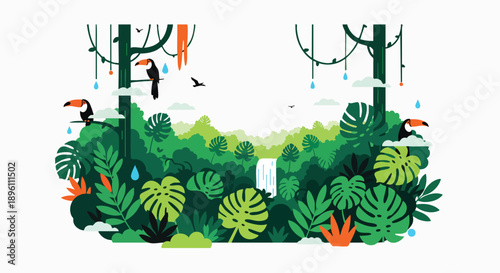 Vibrant rainforest illustration showcasing lush green foliage, exotic toucans, and a cascading waterfall, evoking a sense of pristine natural beauty and tropical wilderness exploration