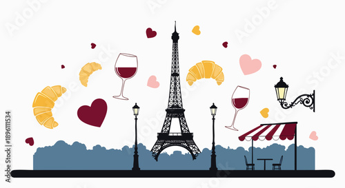Whimsical Parisian Evening Illustration with Iconic Eiffel Tower, Romantic Hearts, Delicious Croissants, and Elegant Wine Glasses. A charming vector graphic depicting the magic and allure of France