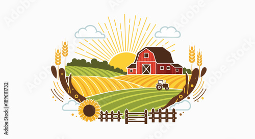Vibrant farm landscape illustration with a red barn, tractor, and golden fields under a radiant sun, cradled by hands, symbolizing sustainable agriculture, bountiful harvest, and rural vitality