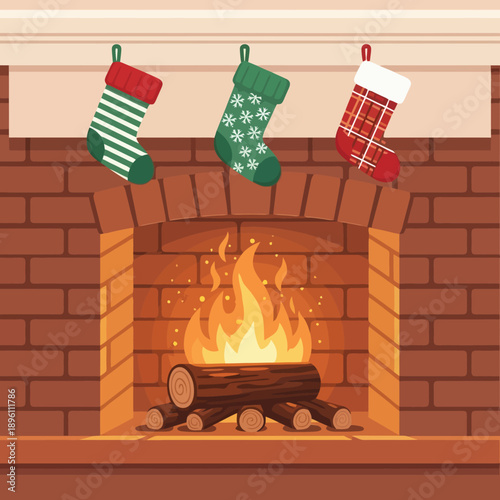 Festive fireplace with stockings evokes cozy Christmas Eve traditions