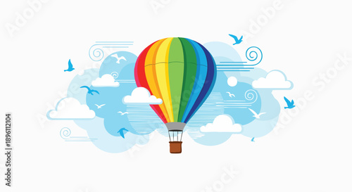 A vibrant, rainbow-hued hot air balloon gently floats through a clear blue sky, surrounded by whimsical clouds and soaring birds, embodying freedom, adventure, and happy dreams