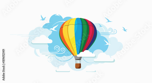 Colorful hot air balloon in a clear sky with whimsical clouds and birds, representing a journey of freedom, exploration, and the joy of reaching new heights