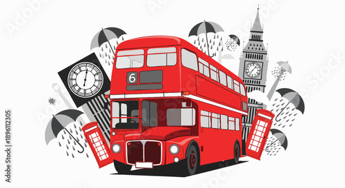 Iconic Double-Decker Bus in London with Big Ben and Umbrellas Symbolizing British Culture and City Life, A Vibrant Illustration