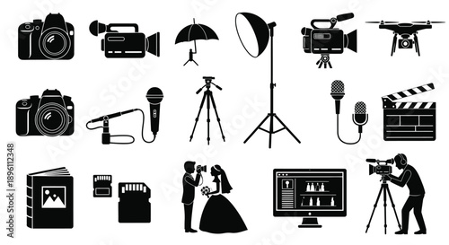 Collection of various photography and videography equipment icons